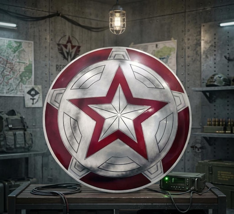 May include: A large, round shield with a red star in the center and a red border. The shield has a silver-colored surface with a star design. The shield is sitting on a wooden table in a room with military-themed decor.