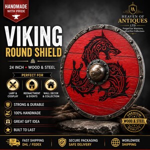 Handmade Wooden Viking Shield: Norse Dragon Design, Cosplay LARP Decor image 2