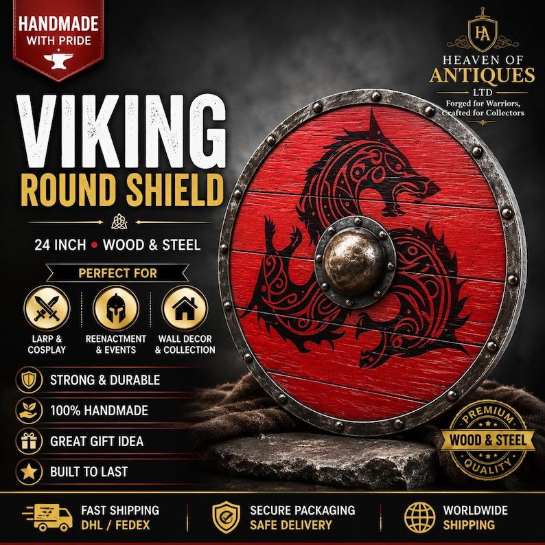 Handmade Wooden Viking Shield: Norse Dragon Design, Cosplay LARP Decor image 2