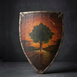 May include: A wooden heater shield featuring a painted scene of a green tree against a sunset sky with a crescent moon and stars. The shield has a dark wood grain finish and is bordered by a metallic silver rim secured with visible rivets.