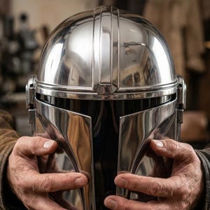 May include: A highly polished, silver-colored Mandalorian helmet. The helmet features a rounded top with vertical ridges and a distinctive visor design. The visor is dark, and the helmet is held by hands.