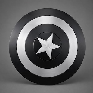 May include: A circular shield featuring a matte black finish with a prominent silver metallic ring and a central silver five-pointed star. The design consists of alternating black and silver concentric circles, creating a bold contrast.
