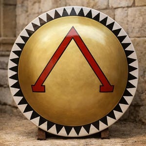 Puede incluir: Un escudo circular con un centro de color oro metálico y un gran símbolo Lambda rojo. El borde exterior consiste en un reborde blanco decorado con un patrón repetitivo de triángulos negros que apuntan hacia el centro del escudo.