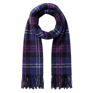 May include: A plaid scarf in shades of purple, blue, black, and white. The scarf has a fringed edge and is draped in a loop. The pattern is a classic tartan design, suitable for cold weather.