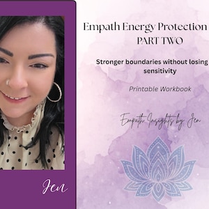 Puede incluir: Portada de producto digital con un retrato de mujer y texto. El texto dice "Empath Energy Protection Guide PART TWO" y "Stronger boundaries without losing your sensitivity". Un diseño de flor de loto está en la parte inferior.