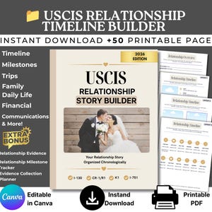 以下が含まれることがあります： 50ページの印刷可能なUSCIS Relationship Story Builderデジタルテンプレート。表紙には結婚式の写真、2026 EDITIONの文字、I-130、CR-1/R1、K1、I-751フォームのラベルが表示されており、タイムラインやマイルストーンを記録するためのセクションが含まれています。
