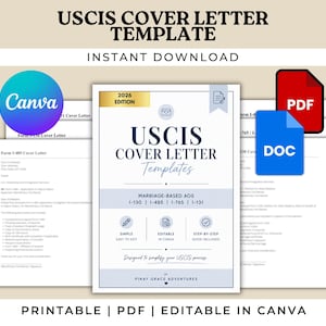 May include: A digital USCIS cover letter template for marriage-based AOS, including forms I-130, I-485, I-765, and I-131. The 2026 edition is editable in Canva, printable, and available as a PDF or DOC file, featuring a clean, professional layout.