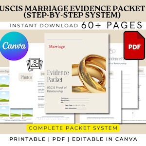May include: A digital USCIS marriage evidence packet template with over 60 pages, featuring a cover page with two gold rings, text fields for petitioner and beneficiary details, and sections for photos, bank accounts, and timelines in a PDF format.