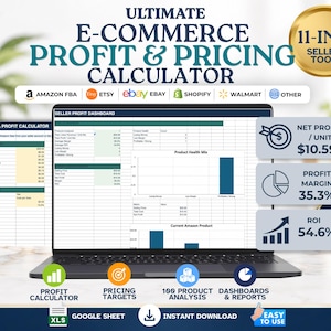 May include: An 11-in-1 e-commerce profit and pricing calculator tool displayed on a laptop screen. The interface shows a seller profit dashboard, Amazon FBA profit calculator, and data charts. Includes icons for Amazon, Etsy, eBay, Shopify, and Walmart.