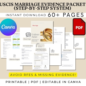 Peut inclure: Ensemble de documents numériques « USCIS Marriage Evidence Packet » de plus de 60 pages. La conception comprend un logo Canva, une icône PDF et diverses mises en page de documents avec des titres tels que « Photos Together » et « Affidavits of Support ».