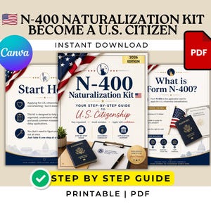 N-400 Naturalization Application Kit | U.S. Citizenship Interview Prep + Evidence Organizer | USCIS Editable Canva PDF Template