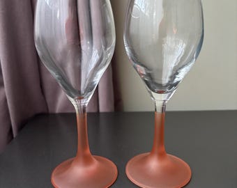 Vintage Pair of 1990s Wine Glasses with Hand Painted Peach Stems