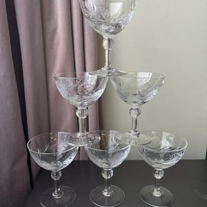 Vintage Set Set of 6 Cut Crystal Floral Motif Coupe Wine Glasses
