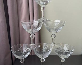 Vintage Set Set of 6 Cut Crystal Floral Motif Coupe Wine Glasses