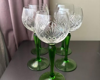 Set of 5 Vintage French Cut Crystal Glasses with Green Stems