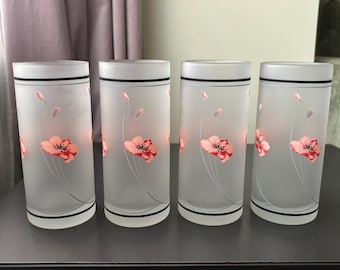 Vintage 1980s Frosted Floral Set of 4 Glasses