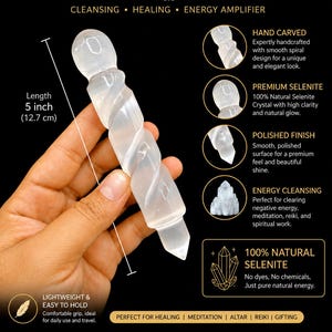 May include: A 12.7 cm long, hand-carved selenite spiral wand with a polished, translucent white finish. The cylindrical crystal features a continuous spiraling groove design, a rounded top, and a pointed base, showcasing natural clarity and glow.