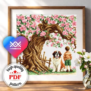 Patrón de bordado de niño y perro en PDF — Gráfico de punto de cruz de primavera