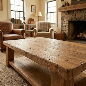 May include: A large, rectangular, rustic coffee table made of weathered wood. The table has a lower shelf and sits in a cosy living room setting with leather armchairs, a fireplace, and a rug. The wood has a natural, aged appearance.