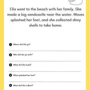 Peut inclure: Une feuille de travail à bordure jaune, intitulée « A Day at the Beech », avec un dessin d'un seau. Le texte raconte une journée à la plage, suivi de cinq questions. Les questions sont numérotées de 1 à 5.