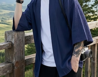 Cotton Linen Kimono Jacket Lightweight Noragi Haori Japanese-Inspired Unisex Cardigan for Men and Women Casual Loungewear Layering Gift