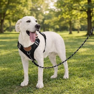 May include: A white dog wearing a black harness with a leash, standing on green grass. The harness has reflective stripes and a brown patch. The leash is black and white. The dog has its tongue out.