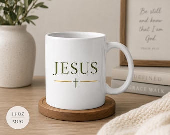 JESUS White Ceramic Mug 11oz | Christian Coffee Mug | Moss Green & Gold Faith Mug | Modern Christian Drinkware | Religious Gift