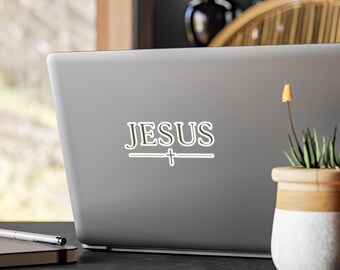 JESUS Kiss-Cut Vinyl Decal | Christian Sticker | Moss Green & Gold Faith Decal | Modern Christian Laptop Sticker | Religious Vinyl Decal