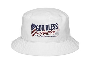 God Bless America Bucket Hat | Patriotic Christian Hat | Faith Freedom Gratitude American Hat | Memorial Day, Veterans Day & Fourth of July