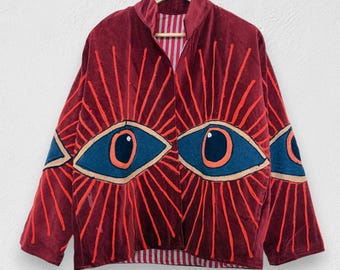 Eye Embroidery Velvet Jacket, Handmade Boho Suzani Short Coat, Festival Wear, Artistic Outerwear, Vintage Embroidered Jacket, Christmas Gift