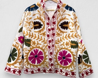 Handmade Suzani Embroidered Cotton Jacket, Bohemian Floral Coat