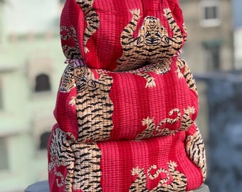 Red Tiger Print Toiletry Bag Set of 3 pcs, Handmade Quilted Cotton Cosmetic Travel Pouch