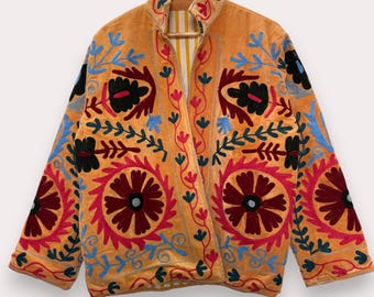 Handbestickte Samtjacke, Boho Floral Suzani Mantel