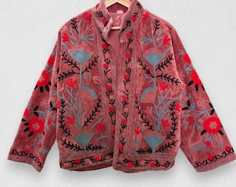 Handbestickte Samt-Suzani-Jacke, Boho Wintermantel
