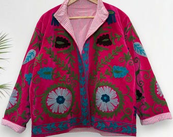 Hand-Embroidered Suzani Velvet Jacket, Boho Floral Outerwear