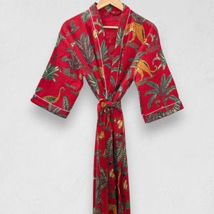 Indischer Dschungel Print Baumwolle Waffel Morgenmantel | Handblock Kimono mit Taschen | Blumenmuster Spa Robe für Brautpartys, Geschenke und zum Faulenzen