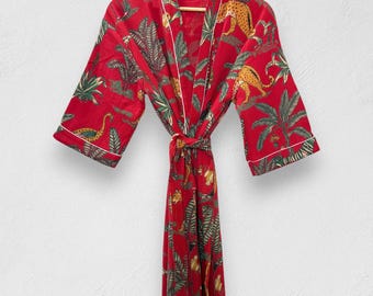 Indian Jungle Print Cotton Waffle Robe | Hand Block Kimono with Pockets | Floral Pattern Spa Robe for Bridal Parties, Gifts, and Lounging