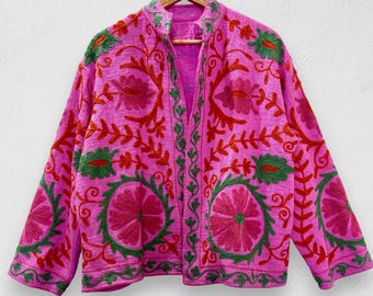 Hand-Embroidered Pink Suzani Cotton Jacket, Bohemian Short Coat