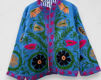 Handmade Blue Suzani Embroidered Cotton Kimono Jacket, Boho Floral Coat
