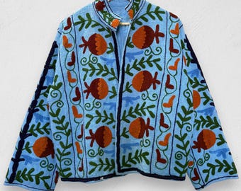 Hand-Embroidered Blue Suzani Jacket, Boho Floral Cotton Coat