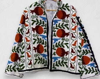 Hand-Embroidered Suzani Jacket, Floral Cotton Kimono Coat, Bohemian Winter Wear