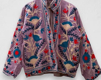 Boho broderad sammets Suzani-jacka, folkkonst boho kappa