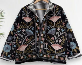 Velvet Suzani Embroidered Short Jacket | Indian Kantha Quilt Coat | Bohemian Floral Art, Handmade, Unisex, Festival & Winter Layer