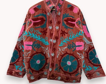 Handmade Suzani Velvet Jacket, Bohemian Floral Embroidered Boho Coat