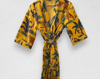 Handmade Jungle Print Cotton Velvet Kimono Robe, Boho Loungewear