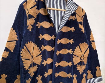Handcrafted Suzani Navy Blue Velvet Jacket Women’s Winter Coat Traditional Ethnic Golden Embroidered Jacket Boho Chic Outerwear Gift for Her