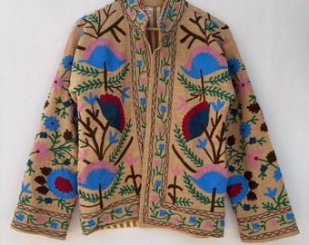 Indian Suzani Embroidery Jacket, Cotton Suzani Coat, Winter Wear Jacket Coat, Suzani Short Jacket, Hand Embroidered Jacket, Christmas Gift