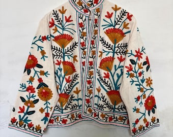 Velvet Suzani Embroidered Floral Jacket for Women, Handmade Boho Festival Outerwear, Vintage Embroidery Short Blazer, Artistic Winter Coat