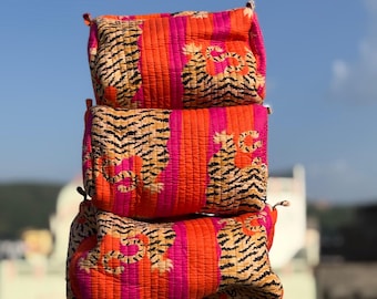 Orange Tiger Print Cosmetic Bag Set of 3 | Quilted Travel Organizer, Makeup Pouch & Toiletry Bag for Women, Bathroom Essentials, Gift Idea