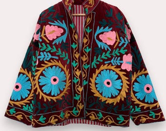 Hand-Embroidered Velvet Suzani Jacket, Bohemian Floral Art